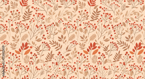 A seamless pattern of autumn leaves and berries in warm earthy tones.