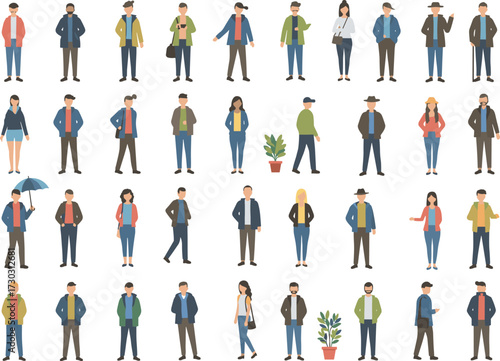 Flat vector illustration of diverse male and female characters in casual outfits, standing and walking poses, isolated on white background for design, infographic, presentation use