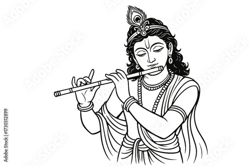 Hare Krishna playing on flute, black and white drawing