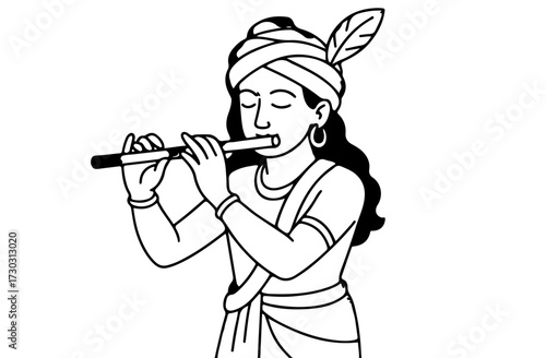 Drawing of Indian hare krishna playing on a flute