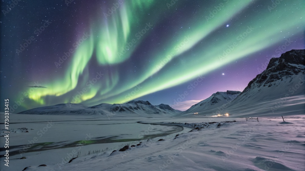 Fototapeta premium Spectacular aurora borealis over snowy landscape in the arctic region at night