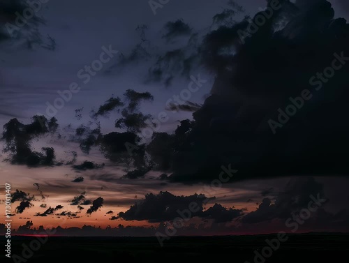 Dramatic sunset sky with dark clouds