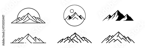Six minimalist mountain range icons and symbols mountains