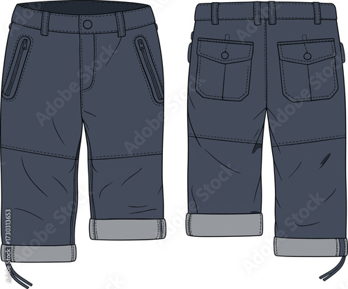 Flat vector CAD illustration of navy blue men’s capri pants with zipper pockets, button flap back pockets, and drawstring hems