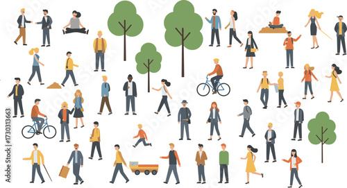 Flat vector illustration of diverse people walking, cycling, working, and interacting outdoors, with trees and park setting, isolated on white background for lifestyle and activity design