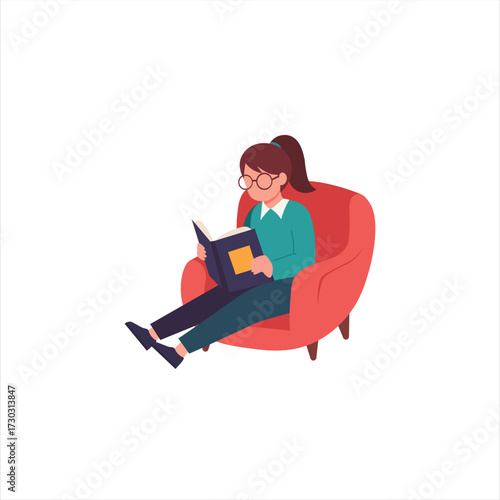 Flat Vector Girl Reading Book – Student Sitting on Armchair