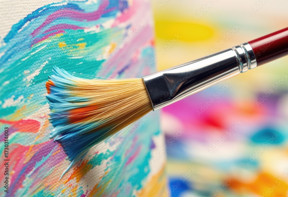 Obraz premium Extreme closeup of an artist's brush creating vibrant strokes on canvas