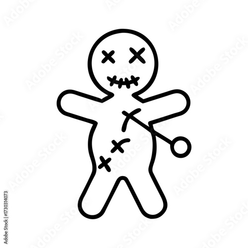 Voodoo doll with stitched details and a pin on white background  