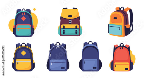 A collection of colorful pixel art backpacks for school and travel.