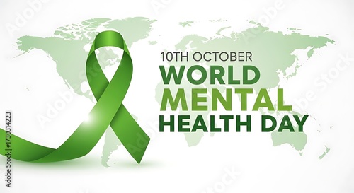World mental health day graphic with a green ribbon and world map, promoting global mental health awareness on october 10th world mental health day background