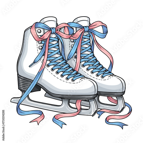 Pair of white figure skates with blue laces and pink and blue ribbons