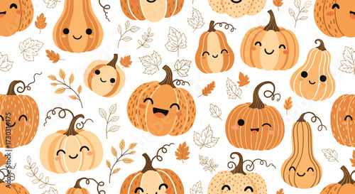 A cute cartoon pattern of pumpkins with happy faces all over the surface.