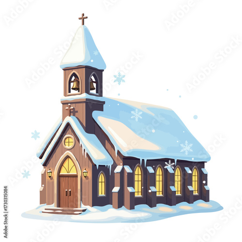Snowy church in winter with snowflakes around