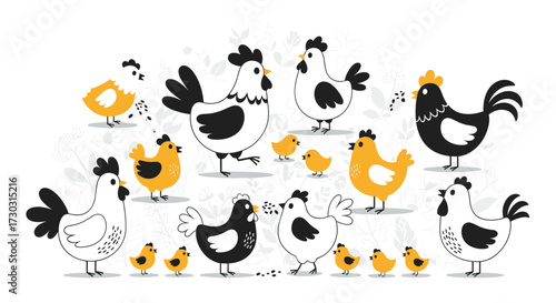 A charming collection of cartoon chickens and chicks in various poses and colors.