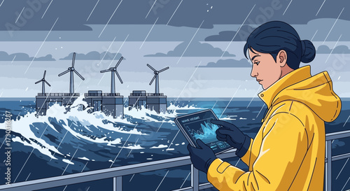 Offshore wind farm worker analyzing wave data on a tablet during a storm