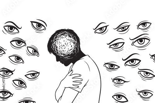 Person overwhelmed by many staring eyes, symbolizing scrutiny and anxiety, isolated on transparent background world mental health day design