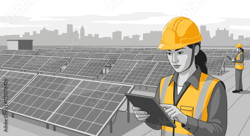 Female engineer inspecting solar panels array with digital tablet for maintenance