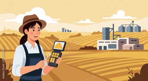 Innovative farming: Woman using technology in agriculture with rural landscape