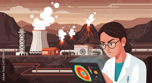 Scientist analyses data from geothermal power plant in a volcanic landscape