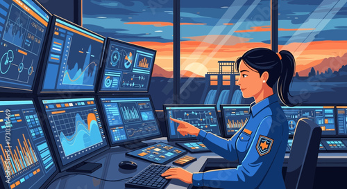 Female hydro power operator managing data and control systems at control room
