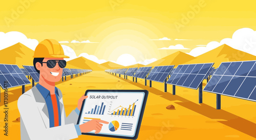Illustrative engineer demonstrating solar panel efficiency with a modern tablet