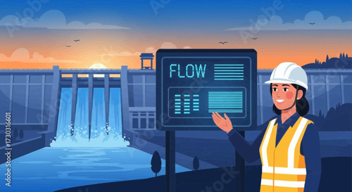 Hydroelectric dam flow management with worker monitoring operations display