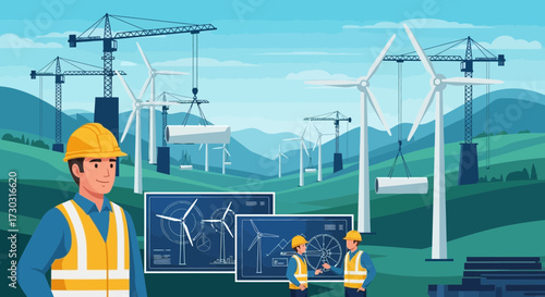 Illustration of Wind Turbine Construction with Engineers and Blueprints in a Sustainable Energy Landscape