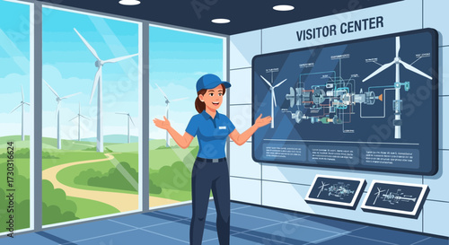 Educational tour at a wind farm visitor center showcasing sustainable energy solutions
