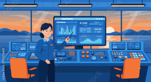 Woman presenting data analysis in a modern control room overlooking the sea at sunset