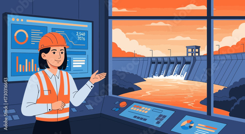 Female engineer overseeing hydroelectric dam operations, monitoring data dashboards