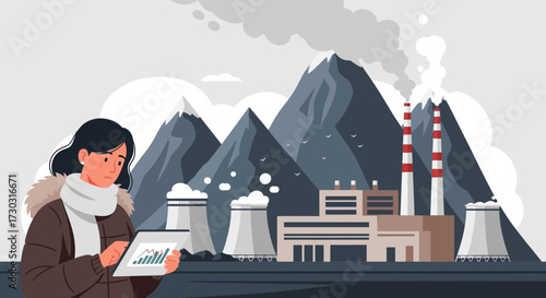 Disappointed analyst viewing industrial pollution impacts data on her tablet