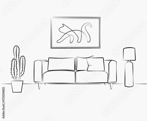 	
Interior design with modern living room in black sketch line on white background, vector, illustration	
