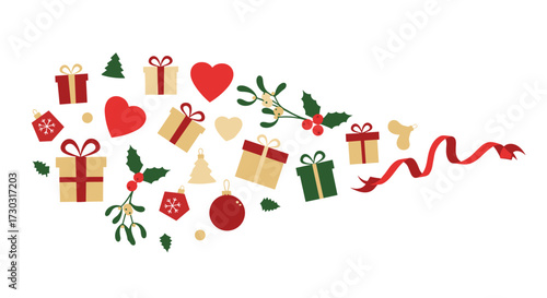 A cheerful collection of festive holiday gifts and decorations like Christmas trees and mistletoe scattered across the frame.