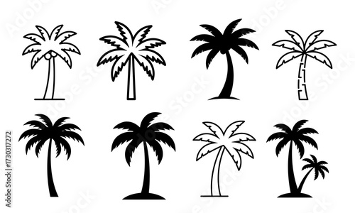 Eight black and white palm tree icons silhouette outline