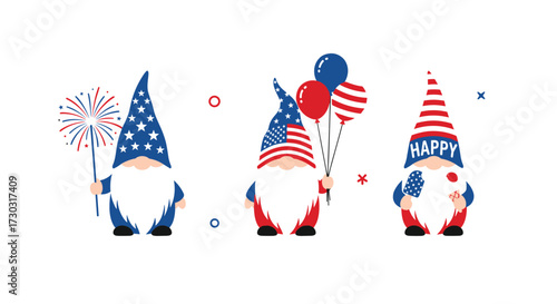 Three adorable gnome characters dressed in patriotic american flag inspired attire celebrating a festive holiday occasion.
