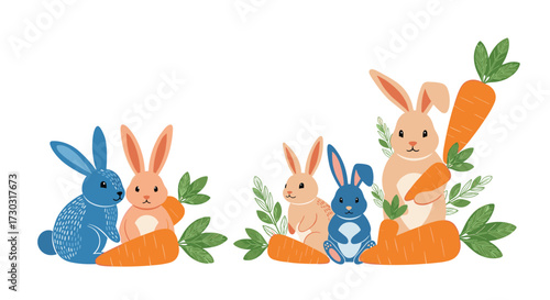 Cute bunnies are playing with big carrots on a white background.