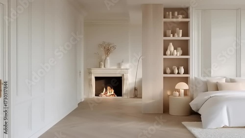 A serene, sun-drenched bedroom interior, showcasing a minimalist aesthetic with creamy neutrals and decorative ceramic accents.