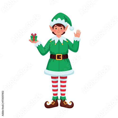 Cute christmas elf holding a gift, full length