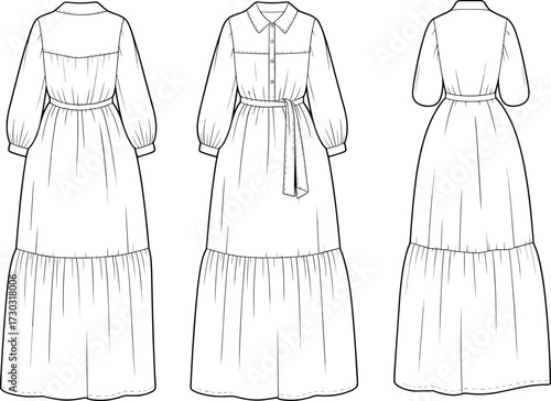 Flat vector CAD illustration of tiered shirt dress with long sleeves, waist belt detail, front and back technical drawing
