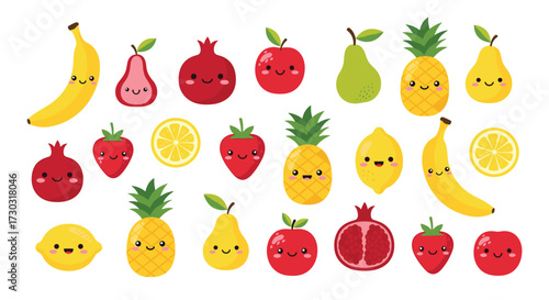 A collection of cute pixelated fruits arranged in a scattered pattern on a white background.