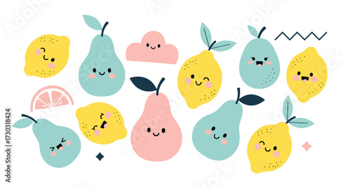 A collection of cute kawaii fruits and cloud shapes with happy faces.