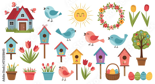 A charming collection of springtime elements including birds and birdhouses.