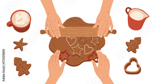 Hands preparing and cutting cookie dough into festive shapes for baking.