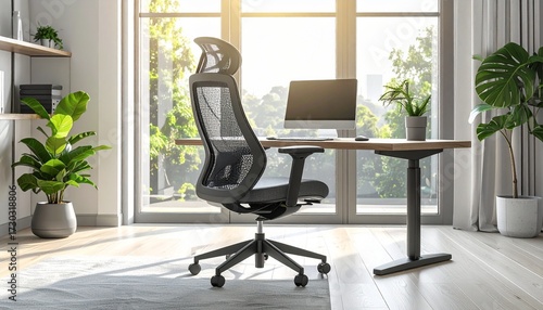 A modern ergonomic office chair with adjustable backrest and mesh design