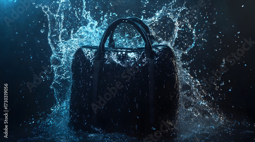 Black bag is immersed in a dynamic display of water splashes, showcasing its resilience and design. Dark and bright elements are combined in a visually striking manner.