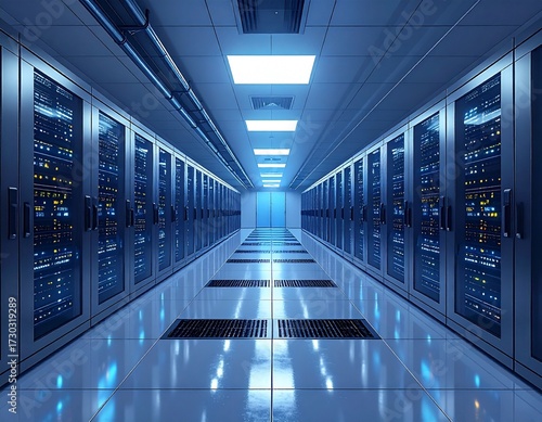 Modern secure data center with cooling systems and rows of locked hardware racks