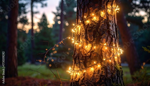 String of LED lights wrapped around the trunk of a Christmas tree, glowing in holiday
