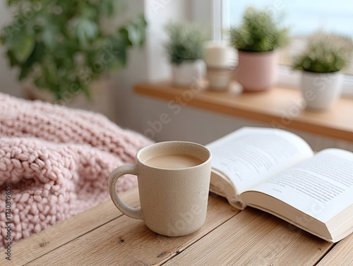 Ceramic Mug With Coffee Beside Open Book And Pink Blanket On Wooden Surface Near Window