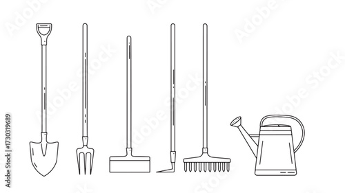 Set of gardening tools line art vector illustration of equipment for garden work isolated 