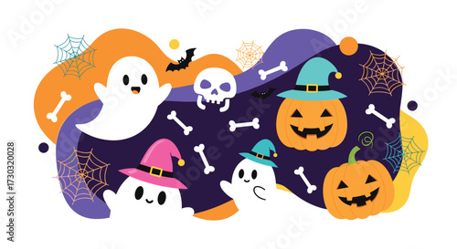 A delightful Halloween scene with friendly ghosts pumpkins and spooky decorations for the festive season.